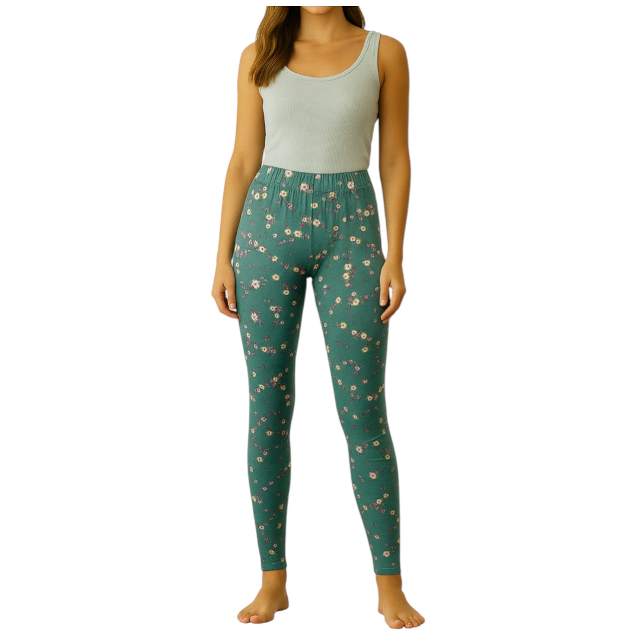 Women's full-length sage green leggings with pink floral design, comfortable stretchy fabric, ideal for casual outfits.